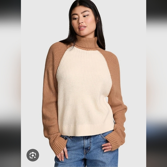 PINK Victoria's Secret Sweaters - PINK Victoria's Secret Cream and Tan Turtleneck Sweater